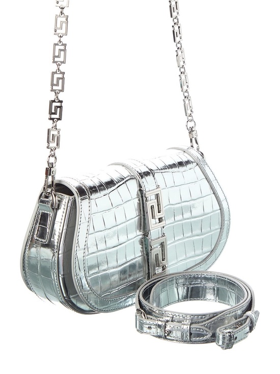 Versace Handbags - Versace Metallic Silver Croc-Embossed Crossbody Bag with Chain Strap
